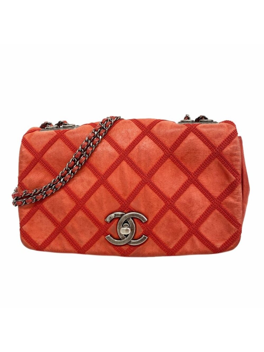Chanel Shoulder Bag Wild Stitch Sparkle Leather Red Silver